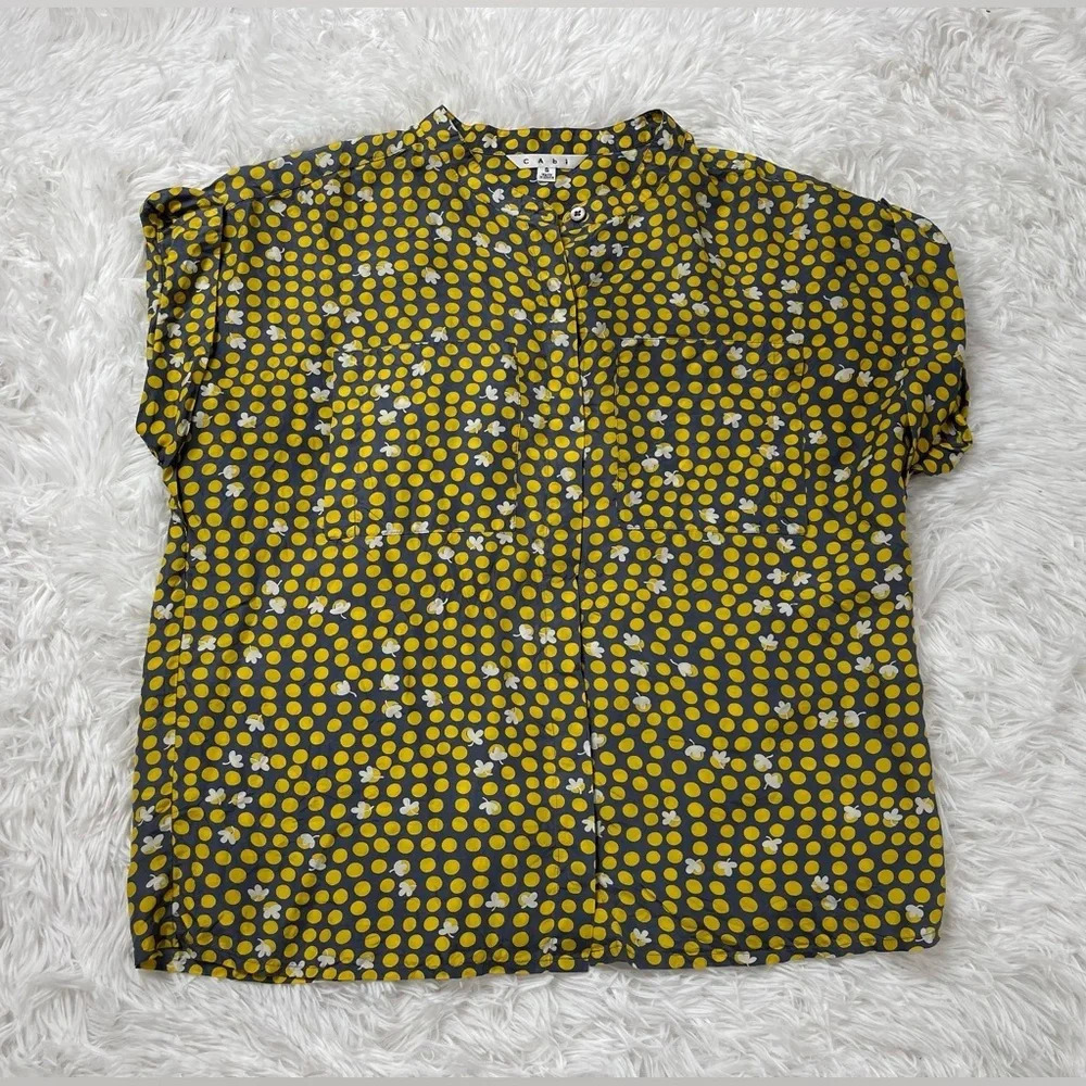 CAbi 100% Silk Clover Polka Dot Short Sleeve Button Down Blouse Women’s Size S